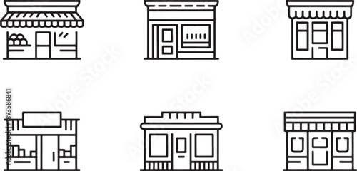 Set of six minimalist black and white line icons depicting various small business storefronts and retail shop facades for commercial design.