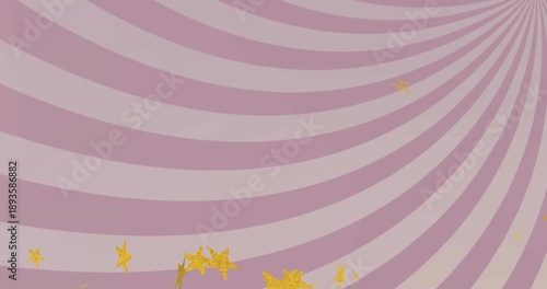 Initial sparkle appearing, gold star cluster scattering, drifting and fading over pink spiral decor