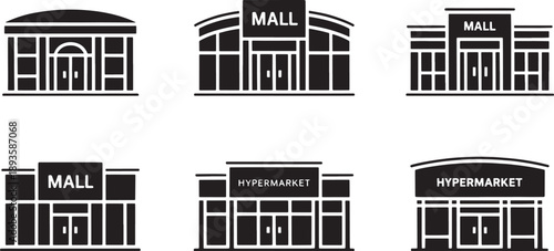 Set of six black silhouette icons depicting various architectural designs for retail structures including mall and hypermarket storefronts for graphic use.