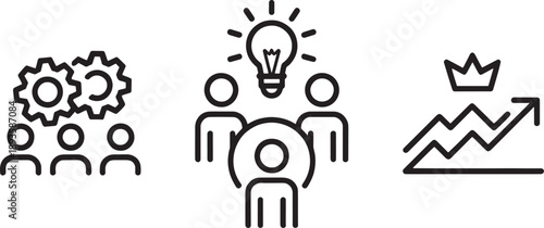 A set of small black line icons depicts business professionals, upward trending charts, directional arrows, a prominent lightbulb for ideas, and target symbols.