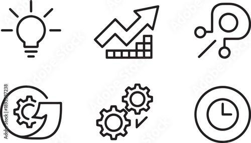 Set of six essential business process icons illustrating concepts like innovation, growth charting, problem solving, iteration, mechanics, and time management.
