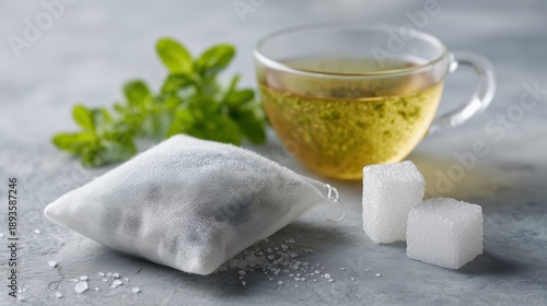 Herbal tea with sugar cubes and teabag. Glass cup of green tea, fresh mint leaves, white sugar cubes and loose sugar on gray stone background, concept cold and sore throat.