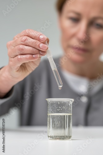 A middle-aged Caucasian woman adds a drop of reagent from a pipette into a beaker with a clear liquid. Laboratory surface, neutral background, educational experiment.