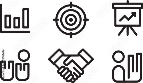 Six essential thick line icons depict key corporate performance indicators such as bar graphs, a target, presentation easel, team members, handshake agreement, and individual metrics.