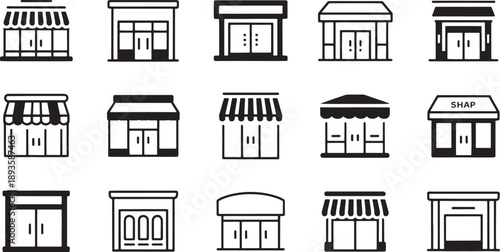 A grid display of fifteen distinct black and white storefront icons shows various small retail shop facades and commercial building outlines suitable for interface design.