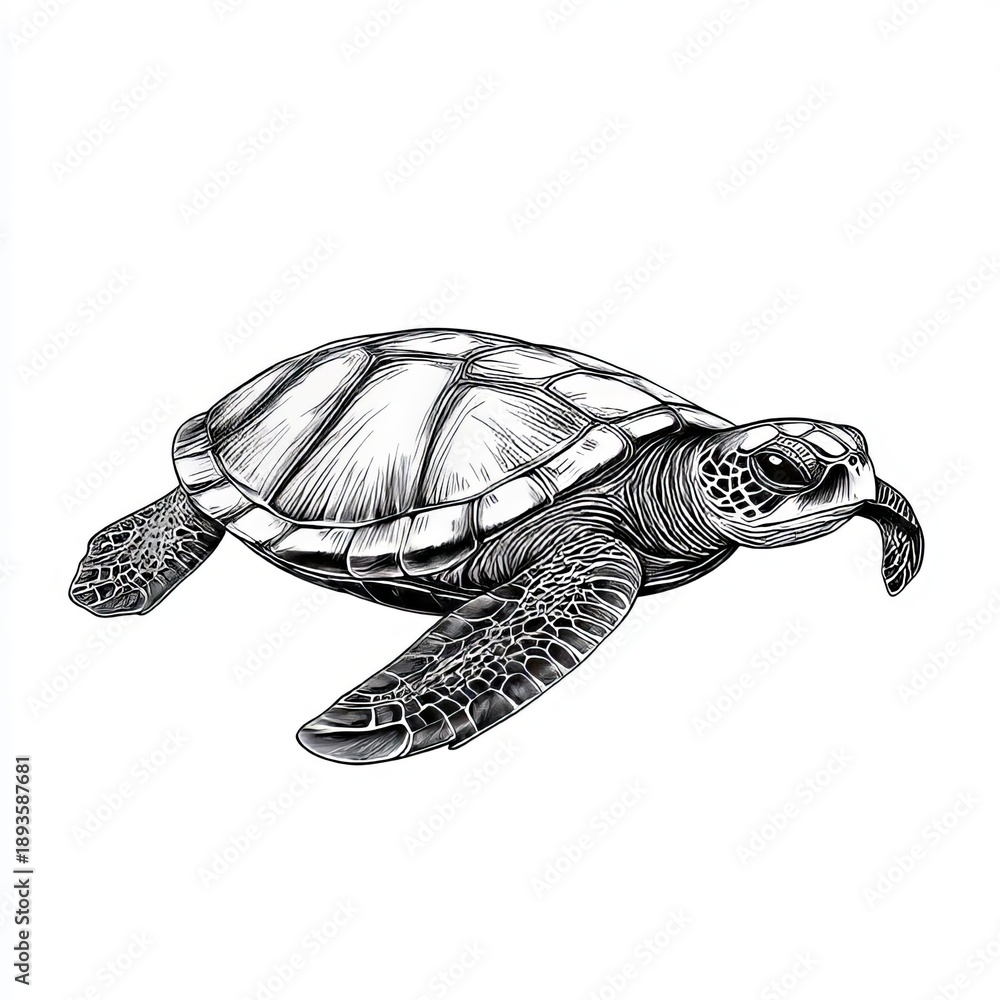 Fototapeta premium Highly Detailed Monochrome Illustration of a Sea Turtle Swimming in Crystal Clear Ocean Waters