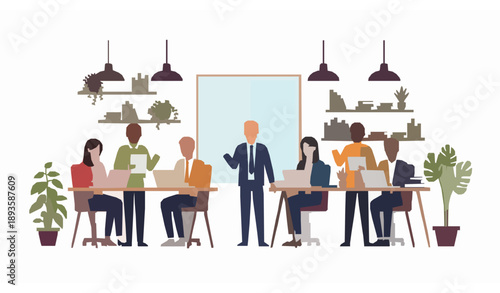 Diverse team working in modern coworking office flat vector illustration