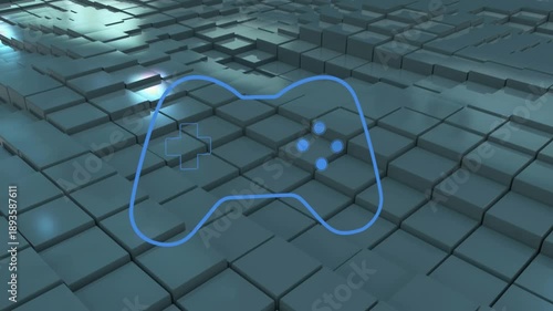 Animation of game pad controller over glowing blue squares