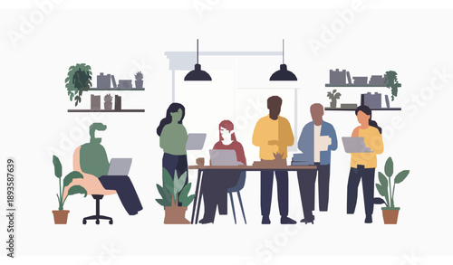 Creative teamwork in coworking office flat vector illustration
