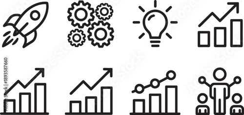 A group of conceptual line art icons illustrates business growth metrics, including a rocket launch, interlocking gears, a bright idea bulb, and upward trending bar charts.