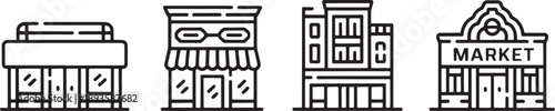 A collection of diverse outline icons depicts various commercial buildings including a market storefront and multi-story retail structures.