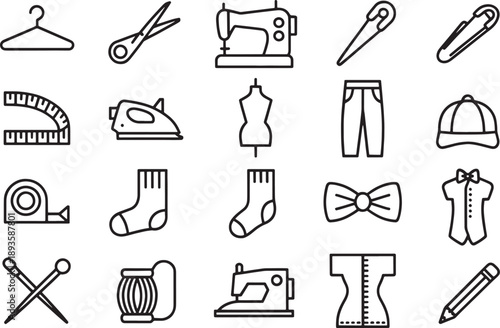 Sewing and tailoring outline icons display various essential tools like scissors, measuring tape, and a sewing machine on a white background for design projects.