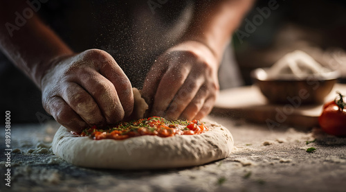 A close-up of hands preparing a pizza, kneading dough and adding toppings, showcasing culinary skills and fresh ingredients.