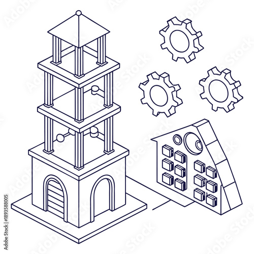 A detailed illustration of a tower with gears and a control panel