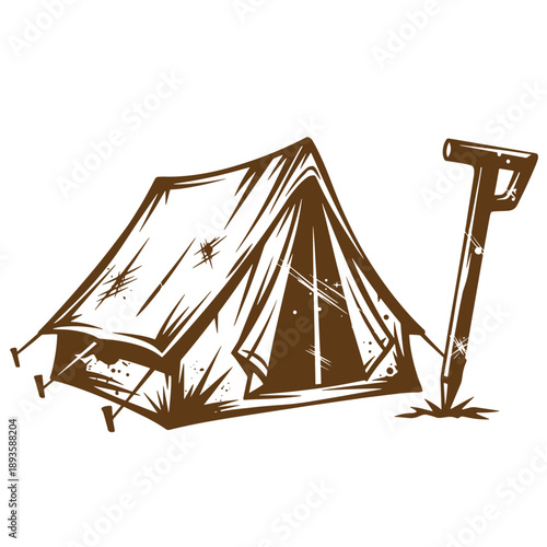 Vintage Grunge texture illustration of a camping tent with a shovel on white