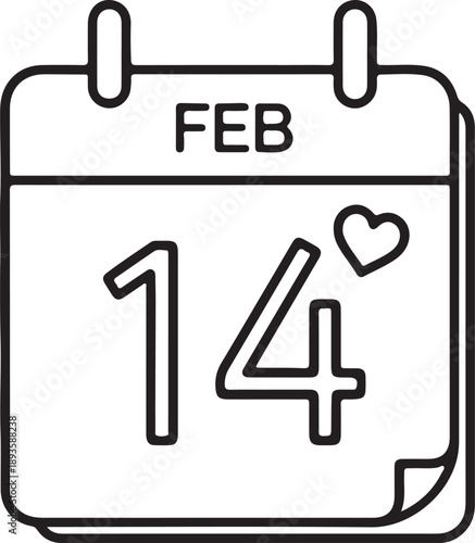 Valentine's Day Calendar Line Icon Vector Illustration - February 14th Date with Heart Detail for Romance, Love, and Event Planning - Minimalist Flat Outline Design