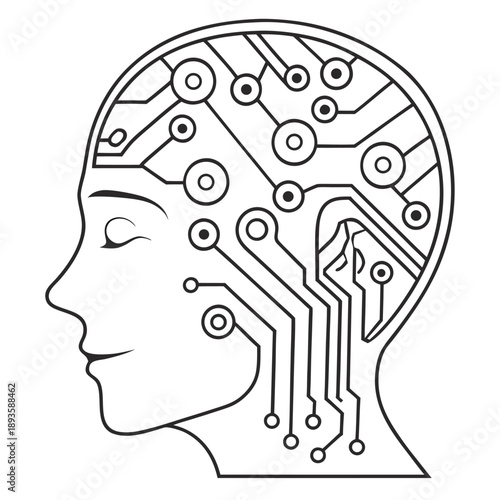 A futuristic illustration of a human head with circuit board inside