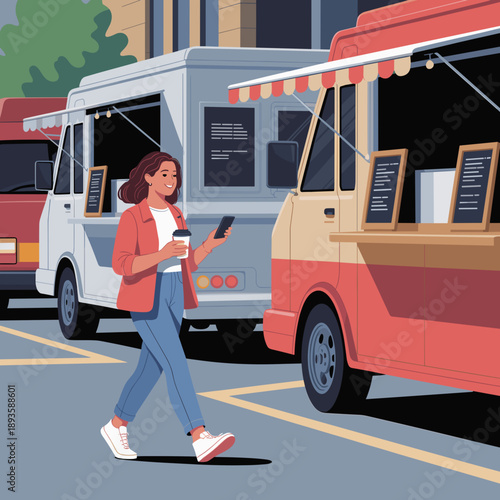 Young woman walking with coffee and phone near food trucks  