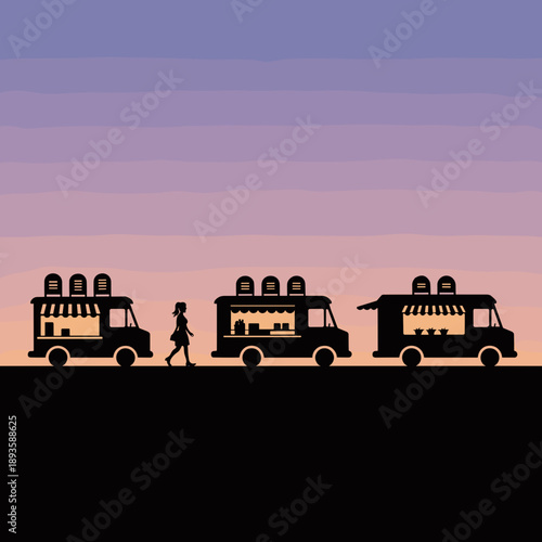 Silhouette of woman walking past food trucks at sunset background  