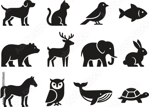 Diverse animal silhouettes set with domestic pets and wild animals