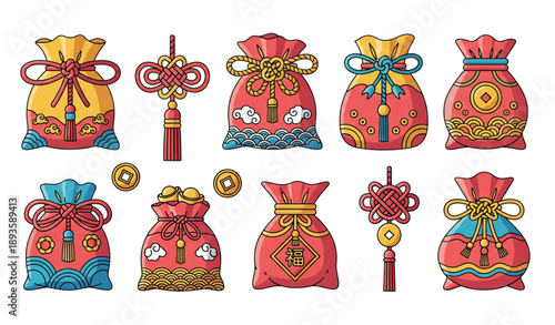 Traditional asian lucky gift bag flat cartoon vector collection isolated on transparent background