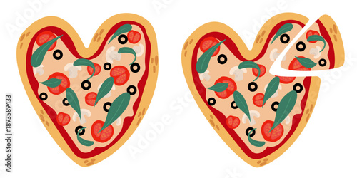 Heart shaped pizza with slice, decorated with vegetables and olives. Cute flat vector illustration for food, love, Valentine’s Day, restaurant, menu, and romantic concepts.
