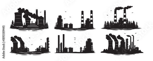 Factory chimneys vector silhouette set. Industrial landscape with smokestacks vector set