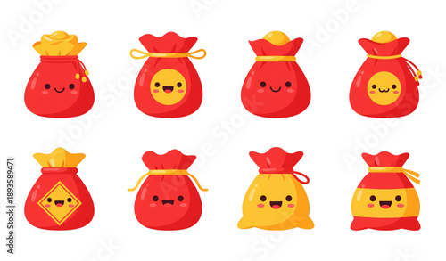 Festive cartoon asian lucky money gift bag vector set isolated on transparent background
