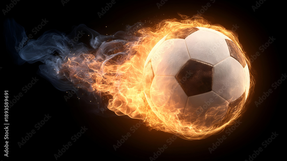 Fototapeta premium A dynamic image of a flaming soccer ball in motion, capturing the energy and excitement of the game.