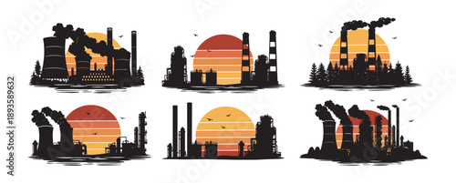 Factory chimneys and orange sunset vector silhouette set. A collection of vector silhouettes of factories with smokestacks
