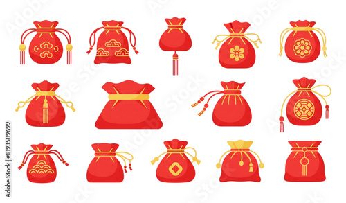 Asian fortune lucky bags and fabric purse icons flat vector set isolated on transparent background