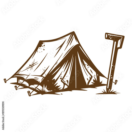 Vintage Grunge texture Illustration of a tent and shovel for camping or outdoor adventure activities  recreation and travel concept