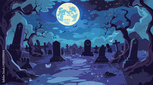 Creepy graveyard under full moon glowing at midnight, spooky Halloween scene