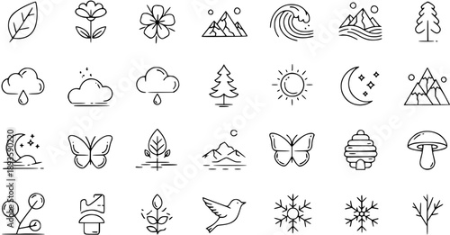 Minimalist Nature and Weather Line Art Icon Set - Environment, Seasons, Plants, Animals, and Landscape Outline Vector Collection