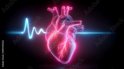 Futuristic neon anatomical heart with glowing blue EKG pulse line on dark background