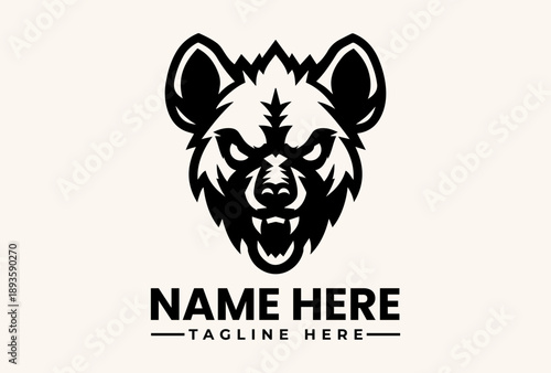 Black and white illustration of a bear's head logo with sharp teeth on a beige background with space for custom text.