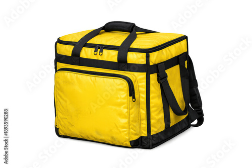 Yellow insulated delivery bag for food courier services, delivering takeaway meals, groceries, and fast food, transparent background