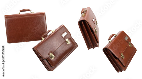 Quadro em tela a sophisticated vintage brown leather briefcase collection, artistically arranged on a transparent background, evoking a sense of classic business and executive travel