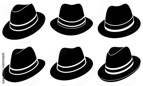 Collection of black fedoras displayed from various angles, showcasing diverse styles and designs in a clean, minimalist setting