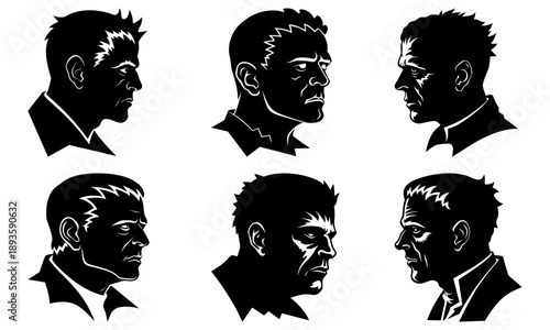 Set of six male profiles in black and white illustration from different viewpoints