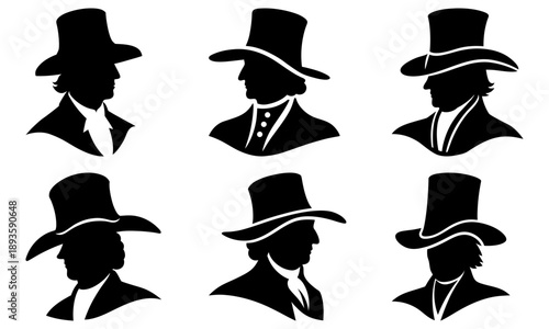 Silhouettes of men wearing hats and formal attire in various poses and profiles