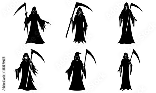 Multiple silhouettes of grim reapers holding scythes in various poses against a plain backdrop from different viewpoints