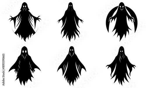 Ghostly apparitions in various poses, a collection of eerie silhouettes against a white background, viewed from the front