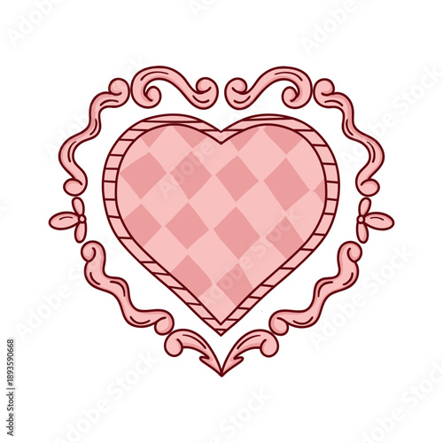 Pink retro frame with flowers and patterns and monograms. Vintage frame for Valentine's day on a white background.