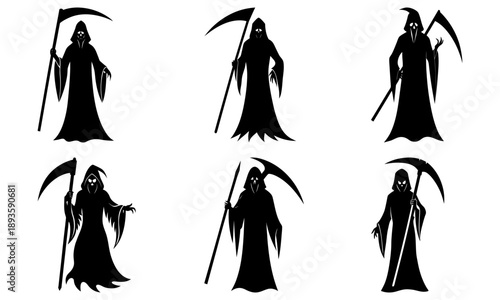 Grim Reaper illustrations in various poses and viewpoints on a plain white background