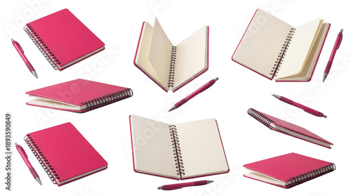 Quadro su tela vibrant pink spiral-bound notebooks and matching pens, arranged in multiple creative compositions against a black backdrop, ideal for journaling, note-taking, and creative planning purposes