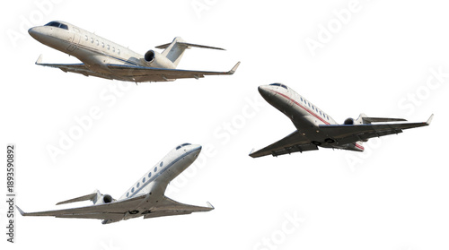 Tableau sur toile arrangement of three sophisticated business jets in mid-air, viewed from diverse perspectives on a black canvas, highlighting advanced aerospace engineering and luxurious air travel solutions