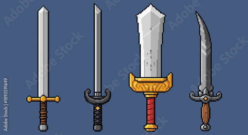 Title: "Pixel Art Fantasy Sword Collection: Set of Four Unique Blades Including Medieval Broadsword, Japanese Katana, and Tactical Daggers Designed for RPG Video Game Assets and Digital Character Inve