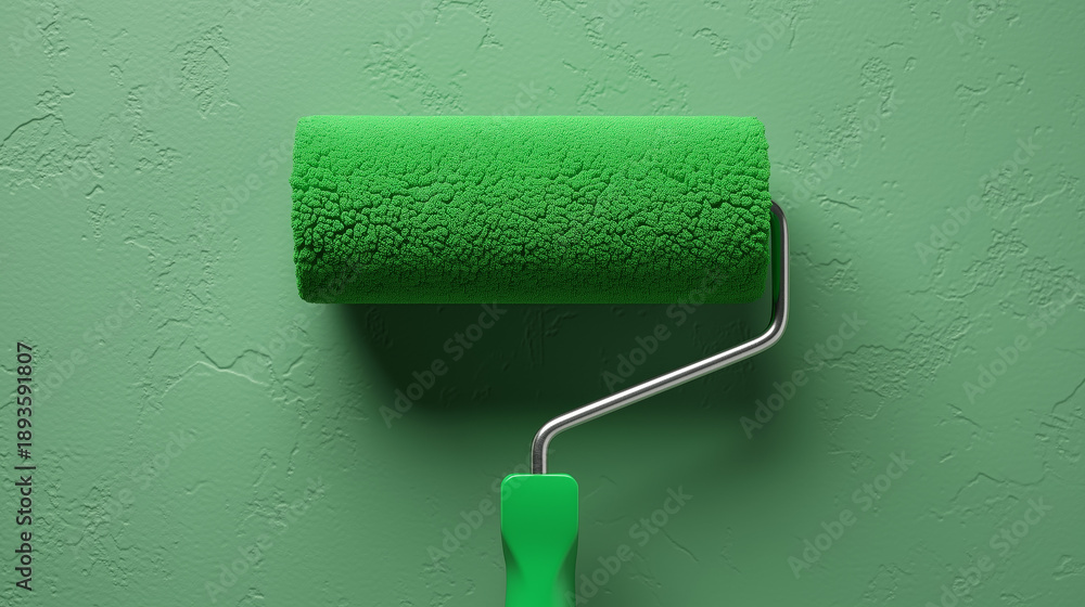 Obraz premium Green paint roller applying paint on wall