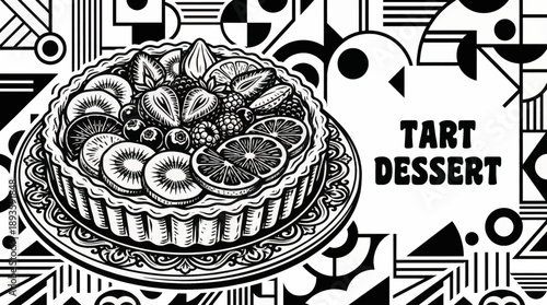 fruit tart with crust and filling details, designed for elegant dessert menus monochrome vector illustration